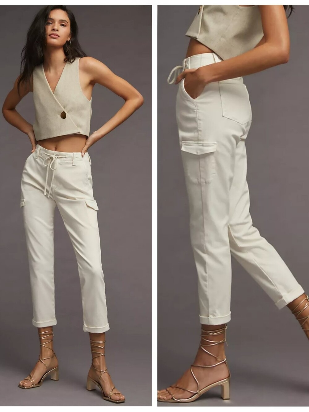 NWT PAIGE - $219 Anthropologie Christy Cargo Pants Jeans Quartz Sand Women's 30